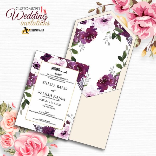 Off-White + Purple Floral Themed Wedding Card
