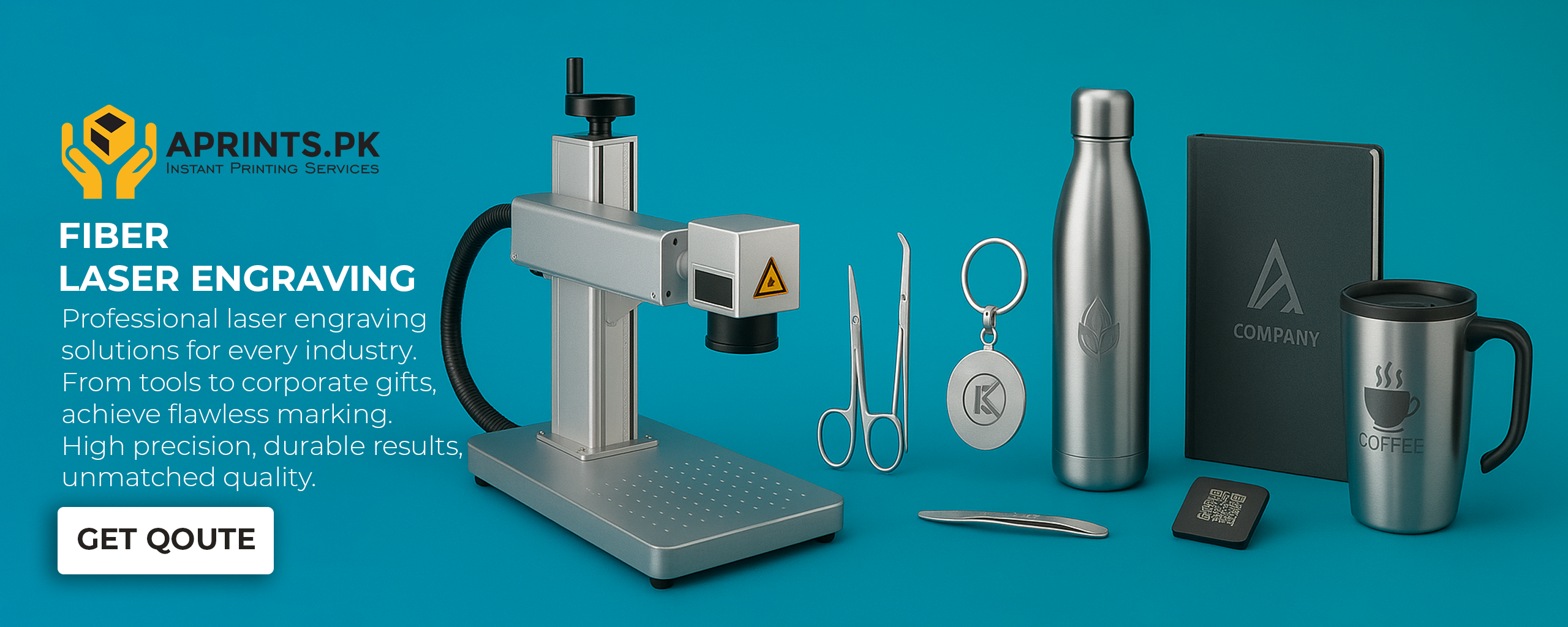 Fiber laser marking machine with engraved products including surgical tools, keychains, stainless steel water bottle, corporate diary, and coffee mug, displayed on a blue gradient background with text 'Fiber Laser Marking Solutions – Precision • Speed • Quality'